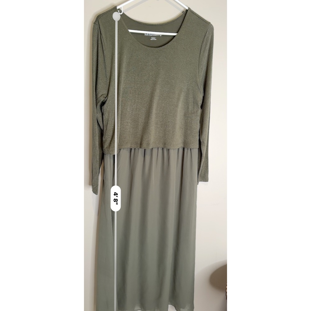 Soft Surroundings Olive Green Layered Maxi Dress Medium Boho Long Sleeve Stretch - Picture 6 of 8